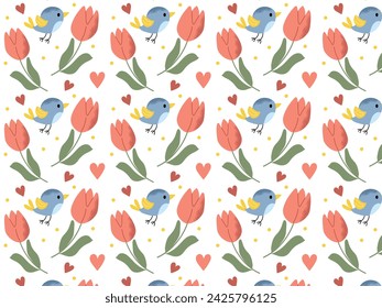 Spring seamless pattern with handdrawn bird and tulips. Colourful vector design.