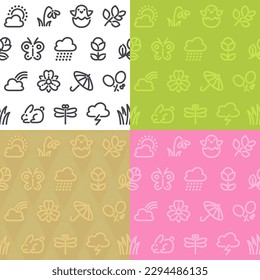 Spring Seamless Pattern with Icons. Four different color variants. Isolated on white background. Vector seamless editable pattern in Swatches panel.