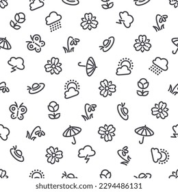 Spring Seamless Pattern with Icons. Usable for spring time design. Isolated on white background. Vector clipart template.