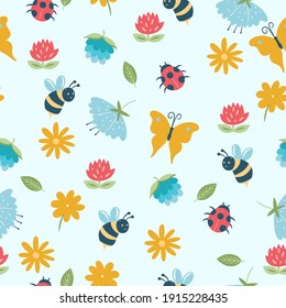 Spring Seamless Pattern With Insects And Flowers. Vector Graphics.