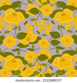 Spring seamless pattern with leaves. Hand drawn background. Floral pattern for wallpaper or fabric. Bright yellow flowers. Festive decoration. Light purple background.