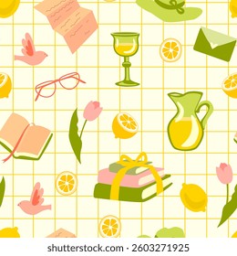Spring seamless pattern with lemons, tulips, books, a glass, a pitcher of lemonade and envelopes on a light background with a yellow grid. Print for textiles, packaging, wallpaper and kitchen decor