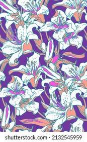 Spring seamless pattern with light silhouettes of lilies flowers, buds and leaves drawn by hand in freehand style of solid fill background. Home textile, wallpaper, fabric, package.