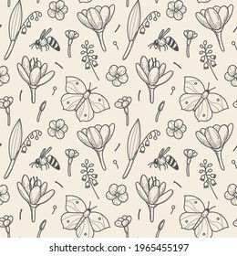 Spring seamless pattern with lilies, crocuses, primulas, butterflies, bees and small details. Doodle. Suitable for cards, wallpaper, paper, fabric, interior decor  and others