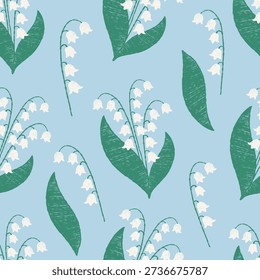 Spring Seamless pattern with lilies of the valley. Floral template with May white forest flowers on blue background. Crayon Hand-drawn. Vector illustration for design, packaging and wallpaper