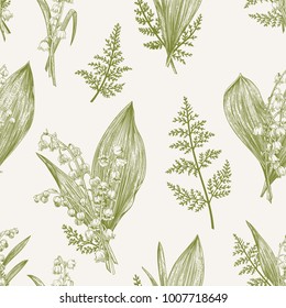 Spring seamless pattern with lily of the valley flowers. Vintage style.