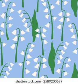 Spring seamless pattern with lily of the valley flowers. Vector flat background in naive style. Elegant botanical illustration