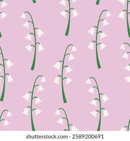 Spring seamless pattern with lily of the valley flowers. Vector flat background in naive style. Elegant botanical illustration