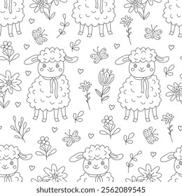 Spring seamless pattern with little funny lambs, flowers and butterflies. Vector illustration in doodle hand drawn style, black outline. Great for coloring, wrapping paper, Easter theme.