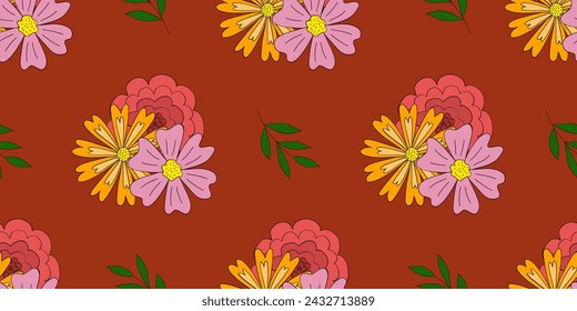 Spring seamless pattern with meadow flowers, rose, daisy, calendula and branches, on red, vector