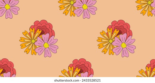 Patrón sin costuras de primavera con flores de prado, rosa, margarita y caléndula o caléndula en albaricoque, vector