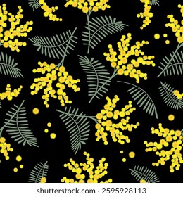 Spring seamless pattern with mimosa flowers on black background. Great for fabrics, especially for linens, wrapping papers, wallpapers, covers. 