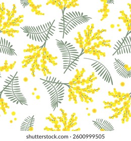 Spring seamless pattern with mimosa flowers on white background. Great for fabrics, especially for linens, wrapping papers, wallpapers, covers. 