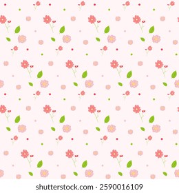 Spring seamless pattern with multicolor flat flowers. Botanical floral vector illustration on pink background
