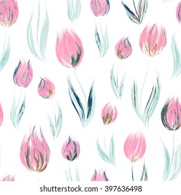 Spring seamless pattern with oil painted pink tulip flowers, design elements. Floral pattern for wedding invitations, greeting cards, scrapbooking, print, gift wrap, manufacturing