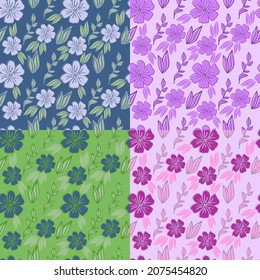 Spring seamless pattern on a dark background. Different color palettes. Lovely flowers with twigs. Vector in flat style.