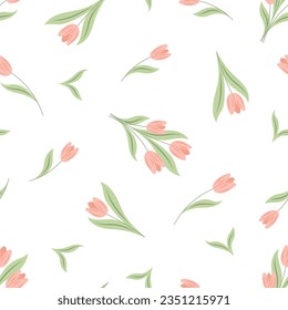 spring seamless pattern on white background pink tulips