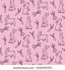 Spring seamless pattern with outline bunnies and carrots. Black doodle elements on pink color. Spring holiday design for decoration, wrapping, banner