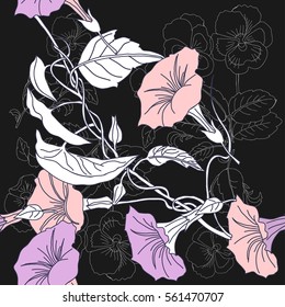 Spring seamless pattern with  pansies and pink bindweed