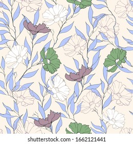 Spring seamless pattern in pastel colors. Floral vector illustration on a beige background for fabric, dresses, bedding.