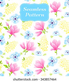 Spring seamless pattern with pink magnolia and blue anemones. It can be used for romantic textile wallpaper, wedding invitation, mother's day or tiles. Design for mother's day in number 8 march. 
