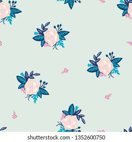 spring seamless pattern with pink roses on the mint. Pastel background. Meadow background.