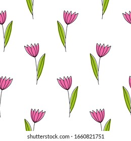 Patrón transparente de primavera con tulipanes rosados sobre fondo blanco. Flores sencillas para la decoración. Ilustración vectorial.