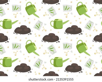 Spring seamless pattern. Plant seeding process. Green pea seeds, Soil, watering can. Vegetable organic eco farm products. Repeated Vector for wallpaper, textile, packaging, wrapping paper