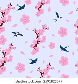 Spring seamless pattern with plum, apple and swallow flowers on a light background for textile design, background, packaging, gift design
