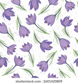 Spring Seamless Pattern with Purple Crocus, Snowdrop, Flameless. Vector Illustration