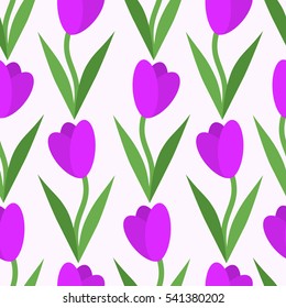 Spring seamless pattern of purple tulips.