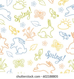 Spring seamless pattern with rabbits, butterflies and flowers.