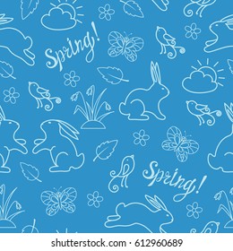 Spring seamless pattern with rabbits, butterflies and flowers.