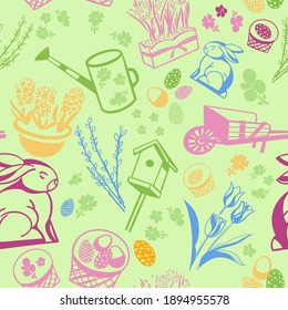 Spring seamless pattern with rabbits. Easter and bunnies. Vector illustration.