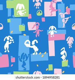 Spring seamless pattern with rabbits. Easter and bunnies. Vector illustration.