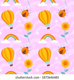 Spring Seamless Pattern with Rainbow, Air Balloon, Beetle, and Sunflower. You can use this design to create poster, tshirt, pillow, tote bag, pouch, phone case, etc.