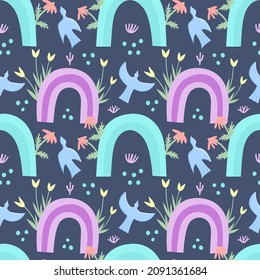 Spring seamless pattern with rainbows, birds and flowers. Pigeons, tulips, echinacea. Vector illustration in naive flat style. Pattern for fabric, paper, textiles, wallpaper.