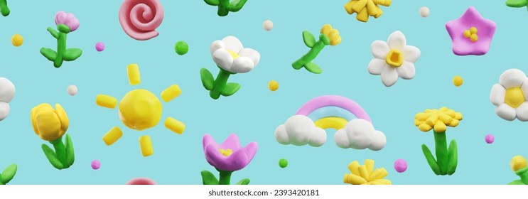 Nahtlose Frühlingsmuster, realistische 3D-Darstellung in plastischer Kunst, Vektorgrafik. Cute Cartoon Pflanzen und Blumen, Sonne und Regenbogen. Botanisches Naturdesign mit Volumen und strukturierten Spielzeugobjekten.