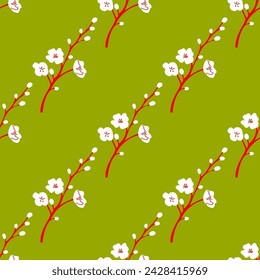 Spring Seamless Pattern of Red Branches with White Blossoms on Green Background 