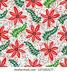 Spring seamless pattern with red flowers and confetti. Vector eps 8