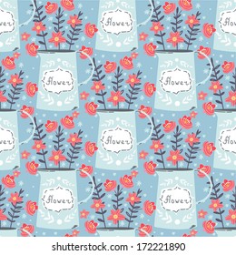 Spring seamless pattern with red flowers in the rustic jar, vector illustration