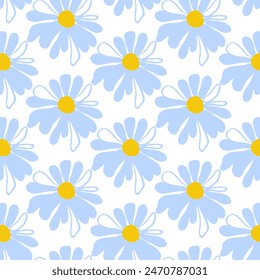 Spring seamless pattern rows blue meadow daisies white Summer template Blooming wildflower ditsy ornament wrapping fabric wallpaper textile mosaic vector