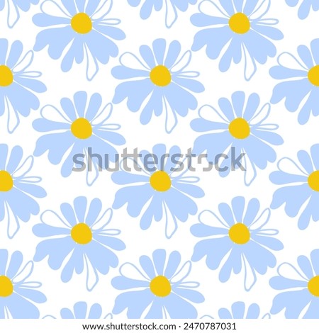 Spring seamless pattern rows blue meadow daisies white Summer template Blooming wildflower ditsy ornament wrapping fabric wallpaper textile mosaic vector