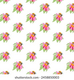 Spring seamless pattern rows cute pink peonies bee white Summer template Plant wildflower peony ditsy ornament wrapping fabric wallpaper textile mosaic vector