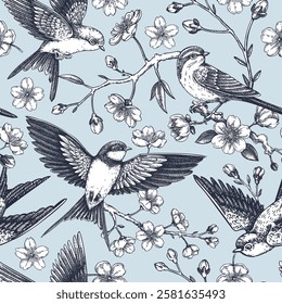 Spring seamless pattern. Sakura flower background. Cherry blossom, flying birds sketch illustration. NOT AI generated