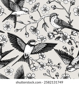 Spring seamless pattern. Sakura flower sketch. Japanese background. Cherry blossom, flying bird sketches. NOT AI generated