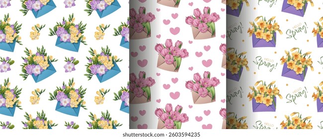 Spring Seamless Pattern Set with Daffodils, Tulips and Freesia in Envelope. Floral Background for Textiles, Wallpaper and Wrapping Paper. Fresh Vector Illustration.