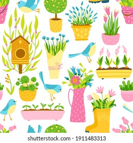 Spring seamless pattern in simple hand-drawn cartoon style. Vector childish colorful illustration of small birds between flower pots and vases. Gardening theme