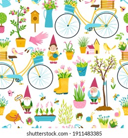 Spring seamless pattern in simple hand-drawn cartoon style. Vector childish colorful illustration of bicycle, garden gnomes, houses, flower pots. Ideal for printing on fabrics, textiles, packaging