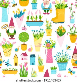 Spring seamless pattern in simple hand-drawn cartoon style. Vector childish colorful illustration of garden gnomes, houses, flower pots and vases with bouquets of flowers. Ideal for printing.